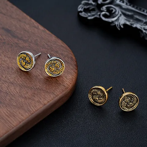 Vintage Copper Dragon Stud Earrings With Stainless Steel Post Retro Embossed Mythical Creature Gold Silver Unisex Jewelry