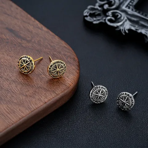 Vintage Orecchini a Bottone Tondi con Bussola Stella per Uomo Donna Rame Antico Perno Acciaio Inox Oro Argento Gioielli