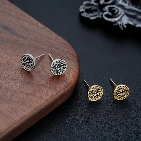 Viking Wolf Head Stud Earrings For Men Women Retro Copper Embossed Animal Earring Punk Nordic Runes Jewelry Accessory