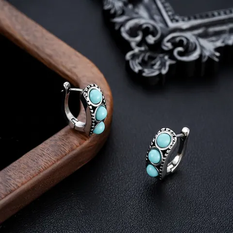 Pendientes de Aro de Cobre Vintage con Turquesa Artificial Estilo Étnico Unisex Pendientes Plateados Retro Joyería Regalo