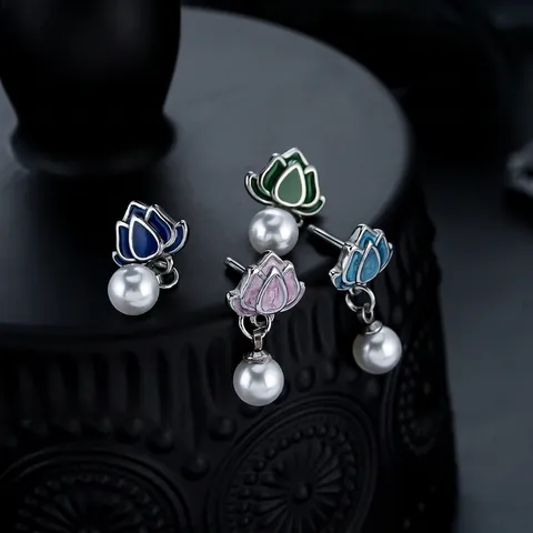 Retro Lotus Flower Pearl Drop Stud Earrings Enamel Titanium Steel Chinese Style Jewelry For Men Women Ear Jewelry Accessories