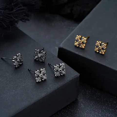 Vintage Gothic Fleur-de-lis Cross Stud Earrings For Men Women Retro Copper Rhinestone Distressed Punk Hip Hop Jewelry Gift