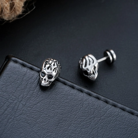 Orecchini a Bottone Teschio in Acciaio Inossidabile Vintage per Uomo Donna Gothic Punk Motivo Fiamma Argento Retrò Singolo