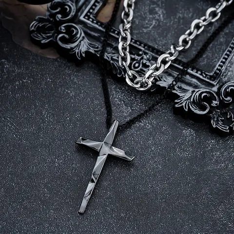 Collana con Pendente a Croce a Doppio Strato in Acciaio Inossidabile Acciaio al Titanio Streetwear Hip Hop Gioielli Unisex