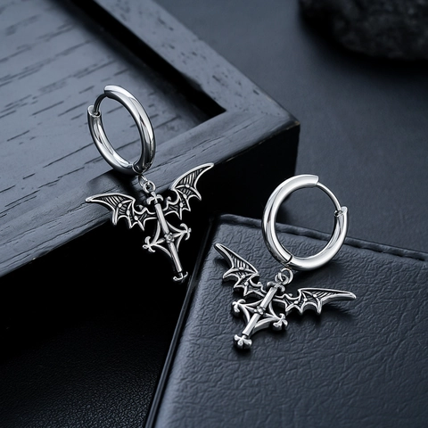 Orecchini a Cerchio Gothic in Acciaio Inossidabile con Ala d'Angelo e Croce per Uomo Donna Stile Punk Dark Gioielli