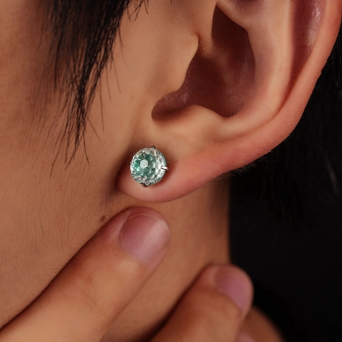 Minimalist Mint Green Zirconia Stud Earrings For Men Women Stainless Steel Round Firework Cut Luxury Style Ear Jewelry