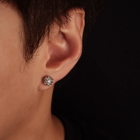 Rose Flower Stud Earrings For Men Women Copper Metal Silver Color Rhinestone Inlaid Trendy Floral Ear Piercing Jewelry