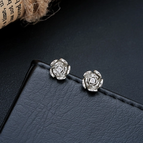 Rose Flower Stud Earrings For Men Women Copper Metal Silver Color Rhinestone Inlaid Trendy Floral Ear Piercing Jewelry