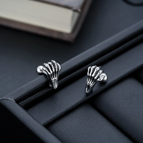 Gothic Punk Skeleton Hand Stud Earrings For Men Women Titanium Steel Polished Bone Palm Ear Buckle Individual Trend Jewelry