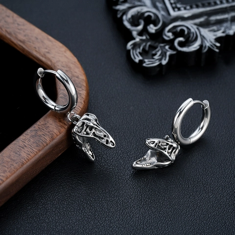 Vintage Punk Roestvrij Staal Dinosaurus T-Rex Schedel Hoop Oorbellen Voor Mannen Vrouwen Gothic Antiek Zilveren Dierlijke Been Sieraden