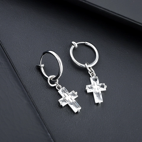 Orecchini a Clip a Croce in Acciaio al Titanio Unisex Zirconia Intarsiata Pietra Quadrata Stile Punk Dark Gioielli Senza Buco