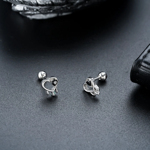 Titanium Steel Hollow Heart Stud Earrings With Black Rhinestone Dripping Melt Design Screw Back Jewelry For Women Men