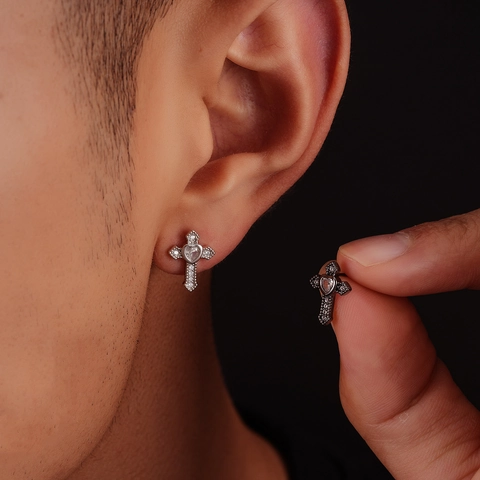 Cool Copper Heart Cross Stud Earrings With Stainless Steel Earring Post Rhinestone Pave Unisex Fashion Jewelry Accessories