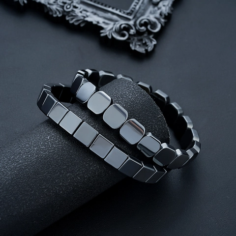 Men Hematite Beaded Bracelet Fashion Square Stone Bracelet Minimalist Geometric Elastic Hand Jewelry Gunmetal Black Pulseira Gift