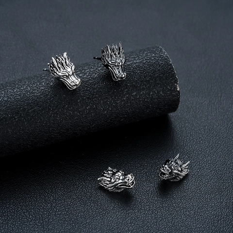 Dragon Head Stud Earrings And Ear Clips Copper With Stainless Steel Earring Post Vintage Gothic Punk Men Women