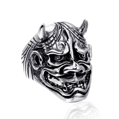 Vintage Edelstahl Hannya Maske Ring Für Herren Gothic Punk Japanischer Dämon Geist Gesicht Antik-Look Biker Mode Schmuck Geschenk