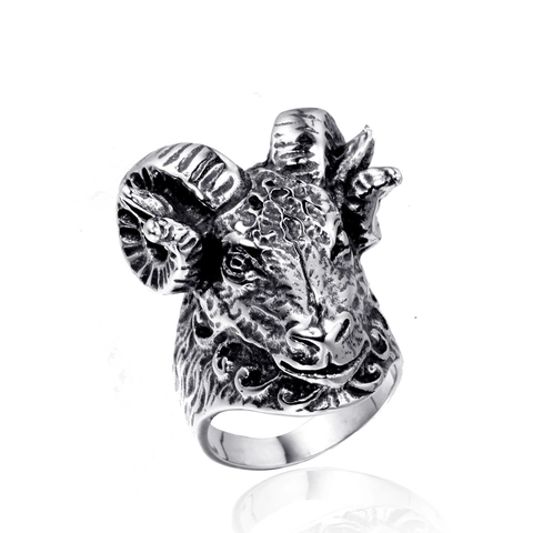 Anillo de Cabeza de Carnero de Acero Inoxidable Vintage Hombre Mujer Punk Gótico Biker Tótem Animal Anillo de Banda de Acero