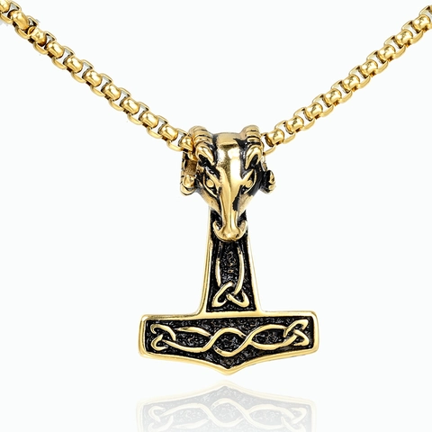 Ciondolo Vintage Vichingo Martello di Thor Mjölnir Per Uomo in Acciaio Inossidabile Testa di Ariete Nodo Celtico Ciondolo Solo Senza Catena