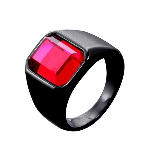 Men's Stainless Steel Signet Ring With Large Rectangular Red Black Zirconia Inlaid Electroplated Hip Hop Jewelry