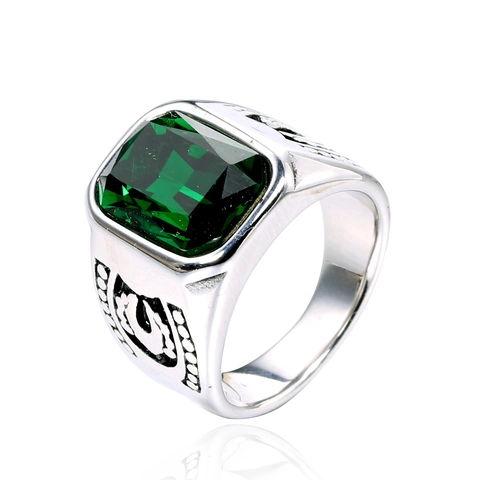 Vintage Titanium Steel Horseshoe Pattern Ring For Men Square Rhinestone Inlaid Punk Style Signet Finger Ring Jewelry
