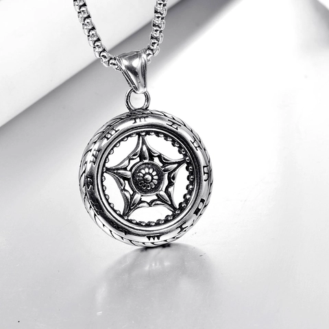 Vintage Stainless Steel Tire Wheel Pendant For Men Roman Numeral Star Pattern Punk Gothic Jewelry Pendant Only No Chain