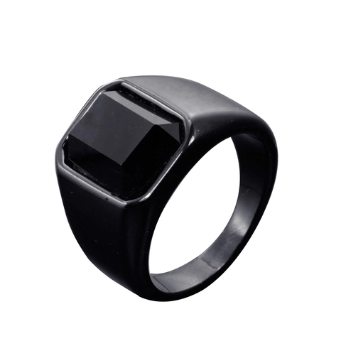 Men's Stainless Steel Signet Ring With Large Rectangular Red Black Zirconia Inlaid Electroplated Hip Hop Jewelry
