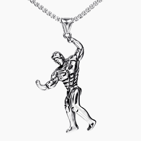 Collar con Colgante de Fitness de Hombre Musculoso Vintage Acero Inoxidable Joyería de Gimnasio Levantamiento de Pesas Hombre