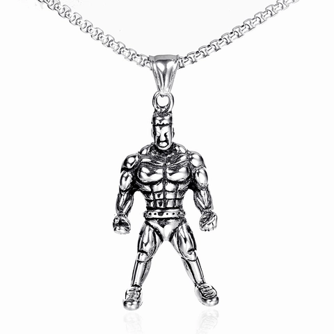 Stainless Steel Bodybuilder Muscle Man Pendant Necklace For Men Women Hip Hop Fitness Gym Sport Retro Casting Jewelry