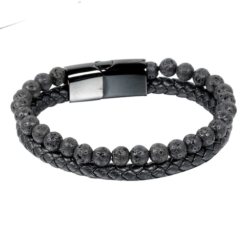 Bracciale da Uomo Alla Moda Doppio Strato Perle in Pietra Lavica Pelle Intrecciata Catena in Acciaio Inossidabile Gioielli