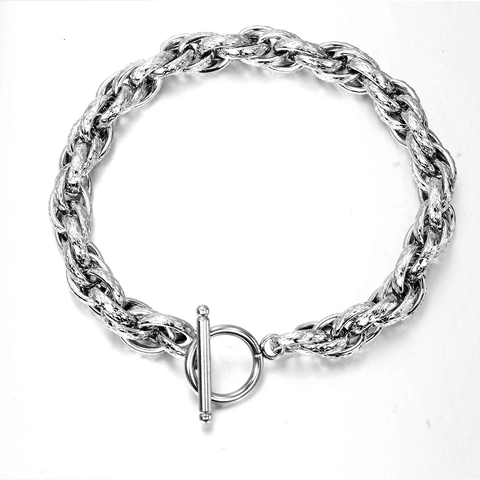 Bracciale Retrò in Acciaio Inossidabile a Catena Denim Intrecciata Per Uomo Donna Doppia Fila Gioielli Chiusura a T Personalità