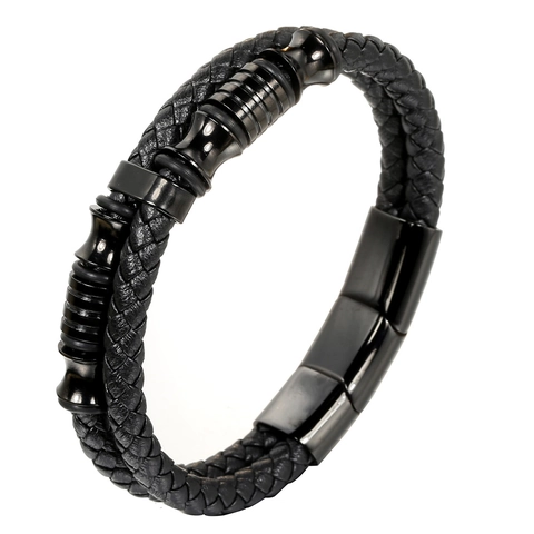 Pulsera de Cuero Trenzado para Hombre Con Cierre Magnético de Acero Inoxidable Negro Pulsera de Cordón Multicapa Joyería de Moda para Hombres