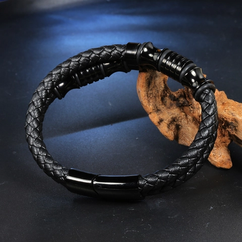 Pulsera de Cuero Trenzado para Hombre Con Cierre Magnético de Acero Inoxidable Negro Pulsera de Cordón Multicapa Joyería de Moda para Hombres