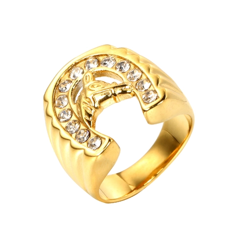 Hip Hop Men Stainless Steel Horseshoe Horse Head Relief Ring Gold Silver Color Rhinestone Inlaid Fashion Punk Jewelry Gift