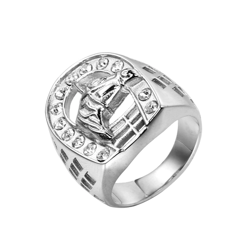Men Hip Hop Stainless Steel Horseshoe Horse Head Ring Gold Steel Color Inlaid Rhinestone Fashion Relief Signet Ring Men Jewelry