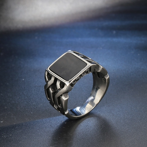 Vintage Punk Stainless Steel Ring For Men Square Black Inlay Gothic Geometric Pattern Band Ring Fashion Jewelry Gift