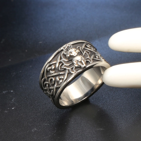Anello Vintage in Acciaio Inossidabile Vichingo Nodo Celtico Volpe Teschio per Uomo Gotico Punk Fascia Larga Gioielli da Dito Biker