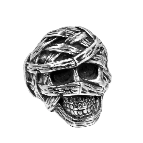 Vintage Gothic Mummy Skull Ring Stainless Steel Bandage Wrap Mummy Skeleton Head Biker Ring Distressed Finish Hip Hop Jewelry