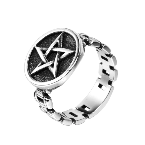 Anello Pentacolo Uomo Stile Punk Vintage Fascia Acciaio Titanio Design Catena Meccanica Gioielli Gotici
