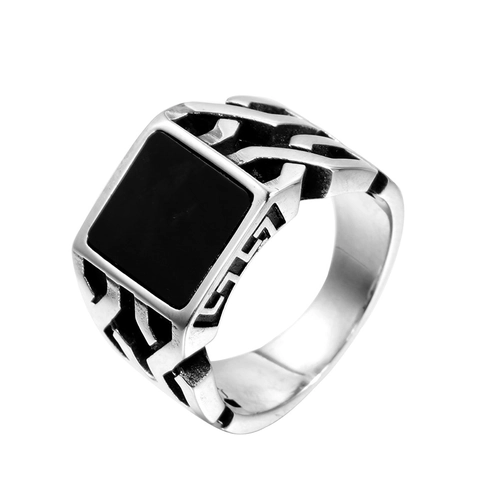 Vintage Punk Stainless Steel Ring For Men Square Black Inlay Gothic Geometric Pattern Band Ring Fashion Jewelry Gift