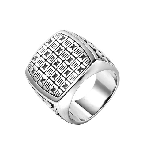 Vintage Stainless Steel Square Signet Ring For Men Geometric Grid Pattern Scrollwork Embossed Punk Biker Fashion Jewelry Finger Ring
