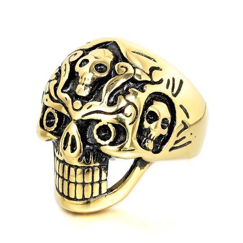 Vintage Herren Titanstahl Totenkopf Ring Gothic Punk Retro Distressed Skelett Heavy Metal Mode Biker Schmuck Fingerring