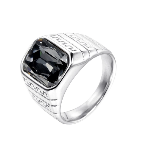 Men Retro Stainless Steel Ring Rectangle Rhinestone Inlaid Greek Key Meander Pattern Geometric Carving Band Ring Jewelry Gift