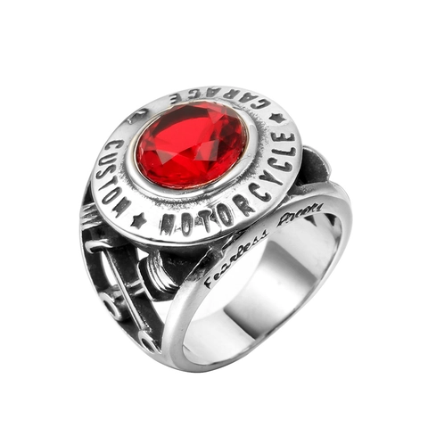 Anello in Acciaio Inossidabile Vintage Motorcycle Garage per Uomo Strass Rosso Intarsiato Motore a Pistoni Gioielli Punk Biker Industriale