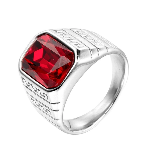 Men Retro Stainless Steel Ring Rectangle Rhinestone Inlaid Greek Key Meander Pattern Geometric Carving Band Ring Jewelry Gift