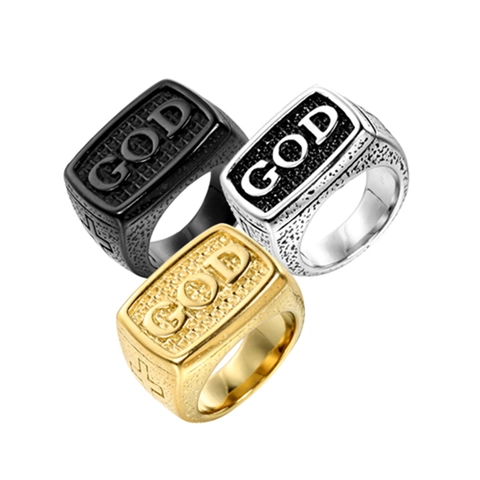 Anello con Sigillo a Croce GOD in Acciaio Inossidabile per Uomo Punk Hip Hop Gioielli Religiosi Vintage Anello a Fascia Lucido