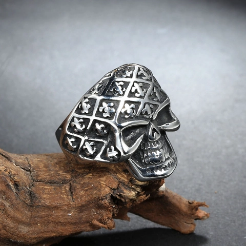 Vintage Gothic Skull Ring For Men Stainless Steel Fleur-de-lis Grid Pattern Punk Rock Biker Statement Ring Jewelry Gift