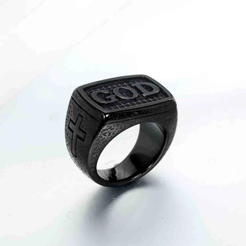 Anello con Sigillo a Croce GOD in Acciaio Inossidabile per Uomo Punk Hip Hop Gioielli Religiosi Vintage Anello a Fascia Lucido