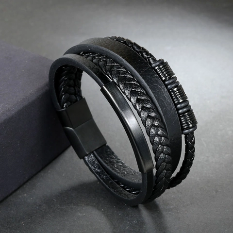 Men Multi Layer Braided Leather Bracelet With Stainless Steel Magnetic Clasp Punk Minimalist Hand Jewelry Accessory Gift