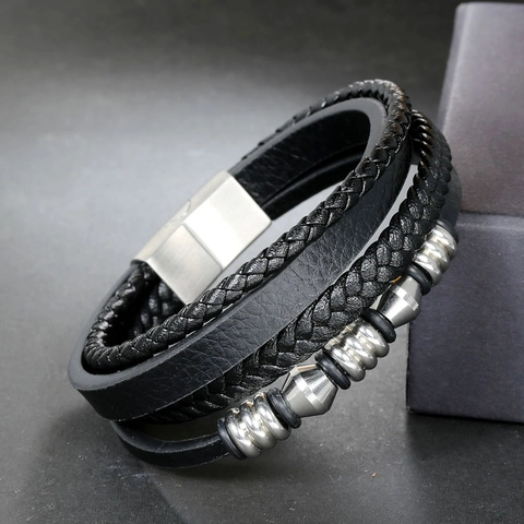 Pulsera de Cuero Trenzado Multicapa para Hombre Con Cierre Magnético de Acero de Titanio Cuentas Geométricas Joyería de Moda Punk