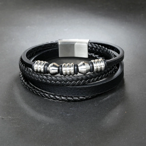 Pulsera de Cuero Trenzado Multicapa para Hombre Con Cierre Magnético de Acero de Titanio Cuentas Geométricas Joyería de Moda Punk